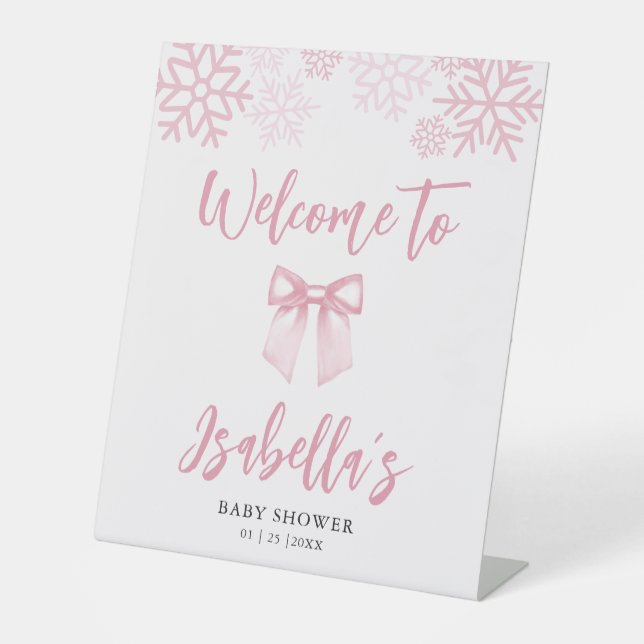 Expositor En L Pink Bow Snowflake Baby Shower Welcome (Anverso)