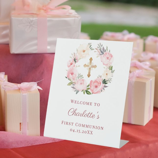 Expositor En L Pink floral wreath First Communion welcome (Subido por el creador)