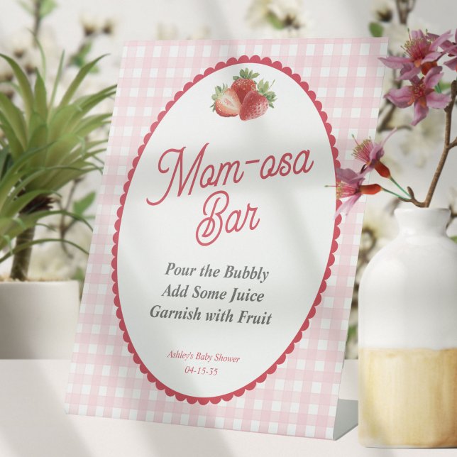 Expositor En L Pink Gingham Berry Sweet, Strawberry Mom-osa Bar (Berry Sweet-Strawberry with Pink Gingham Background Baby Girl Shower Mom-osa Bar Sign.)