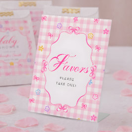 Expositor En L Pink Gingham Floral Bow Baby Shower Favors Sign