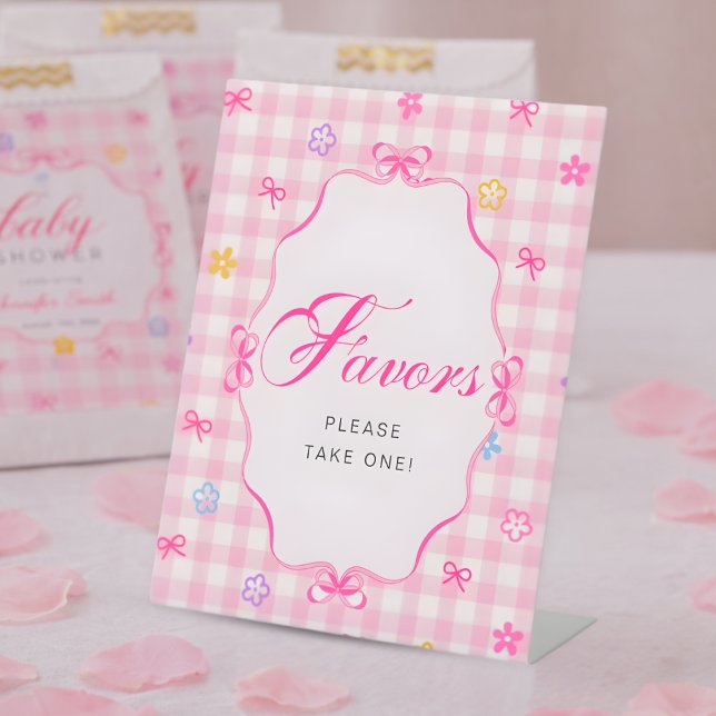 Expositor En L Pink Gingham Floral Bow Baby Shower Favors Sign (Subido por el creador)