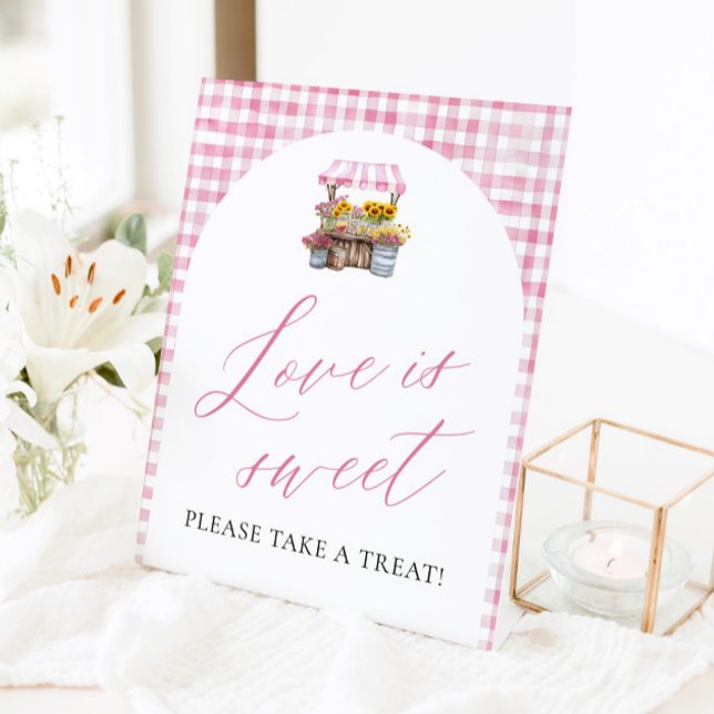 Expositor En L Pink Gingham Fresca Directamente del Mercado El Am (Watercolor Pink Gingham Fresh Off The Market Love is Sweet Sign)