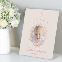 Pink Girl Baptism Photo in Rose Gold Floral Wreath