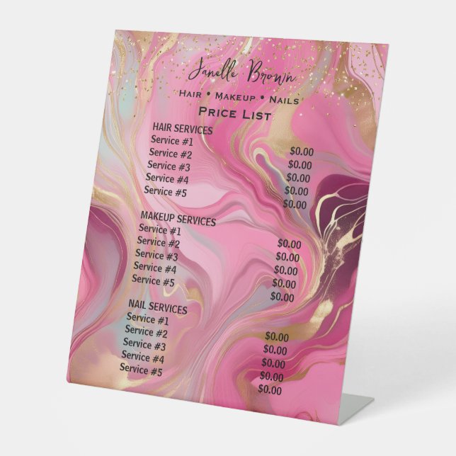 Expositor En L Pink Marble & Gold Glitter Beauty Salon Price List (Anverso)