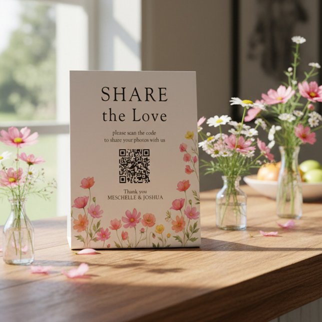 Expositor En L Pink Orange Wildflower Wedding QR Code (QR Code sign from the Wildflower Bloom wedding collection by Darling & May)