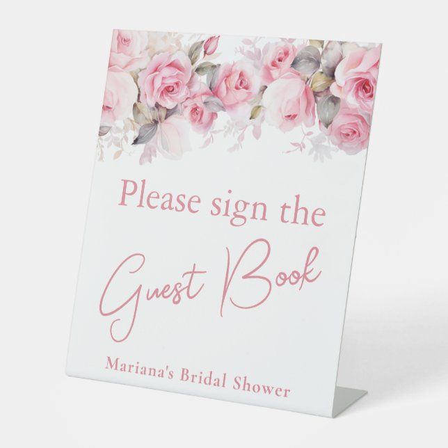 Expositor En L Pink Roses Floral Bridal Shower Guest Book Table (Anverso)