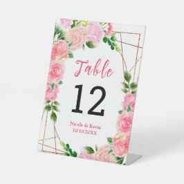 Expositor En L Pink Roses with Foliage Wedding Table Number