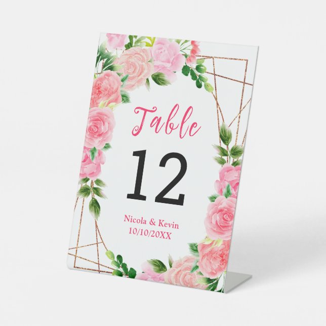Expositor En L Pink Roses with Foliage Wedding Table Number (Anverso)