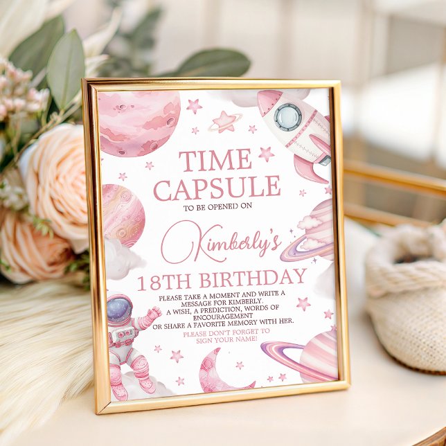 Expositor En L Pink Space 1st Birthday Time Capsule Sign (Subido por el creador)