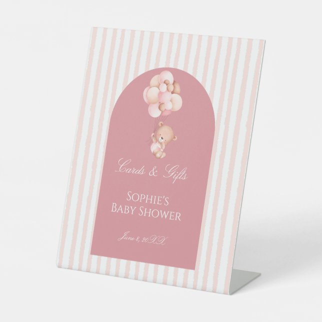Expositor En L Pink Stripes Balloons Cute Teddy Bear Cards & Gift (Anverso)