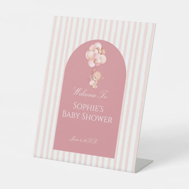 Expositor En L Pink Stripes Balloons Cute Teddy Bear Welcome (Anverso)