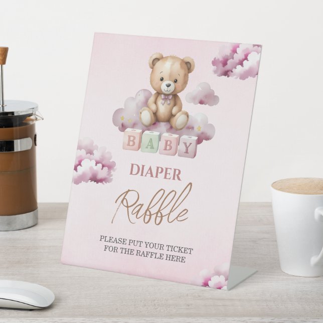 Expositor En L Pink Teddy Cloud Stars Baby Shower Diaper Raffle (In Situ)