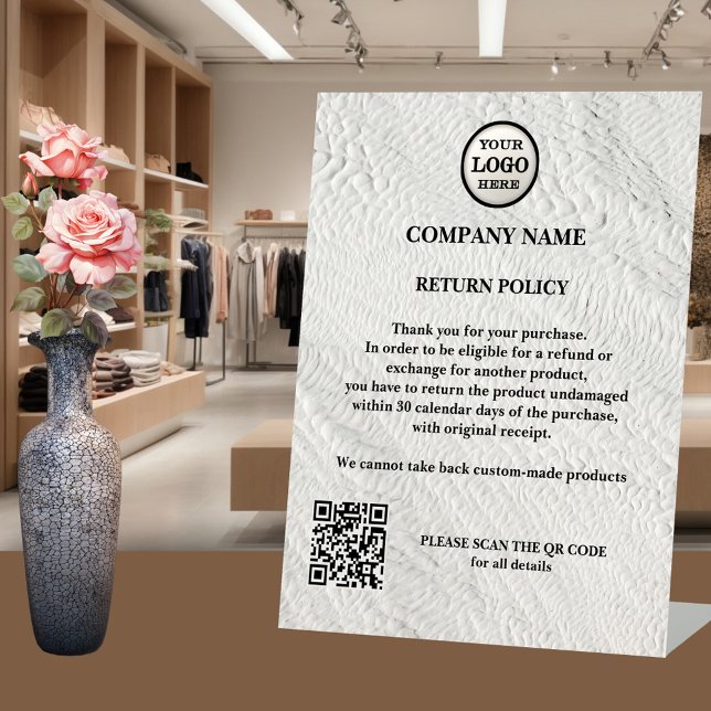 Expositor En L Política de devoluciones Travertine Retail Logo Bu (Business tabletop sign template with your refund policy on a travertine texture - logo - QR code)