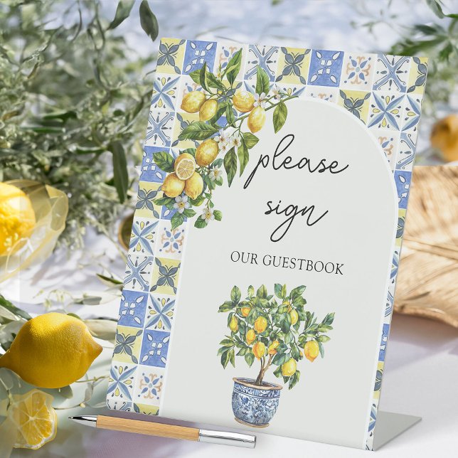 Expositor En L Por favor Rótulo Lemon Theme Boda Guestbook Rótulo (Guestbook Sign from the Lemon Grove Wedding Collection by Darling & May)