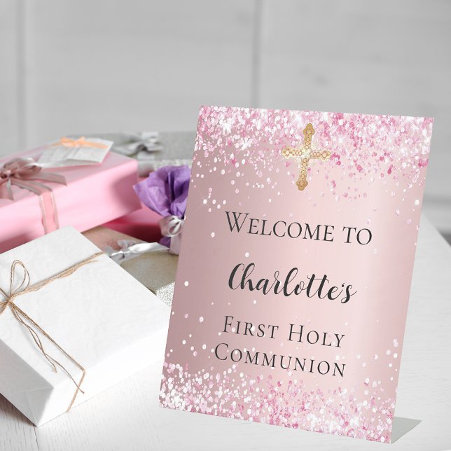 Expositor En L Primera bienvenida de confetti rosa de la comunión (Subido por el creador)