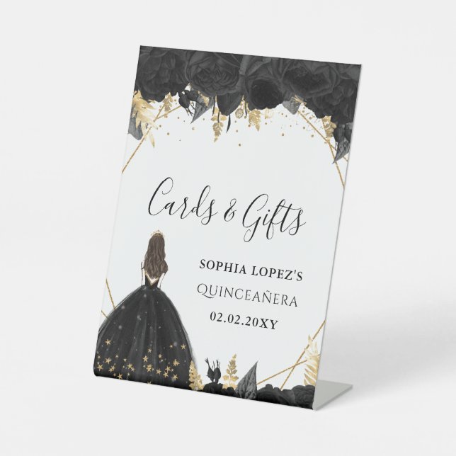 Expositor En L Princesa floral de oro negro Quinceanera (Anverso)
