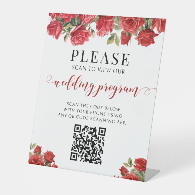 Expositor En L Programa de Boda con Código QR Floral Rosa Rojo (Anverso)