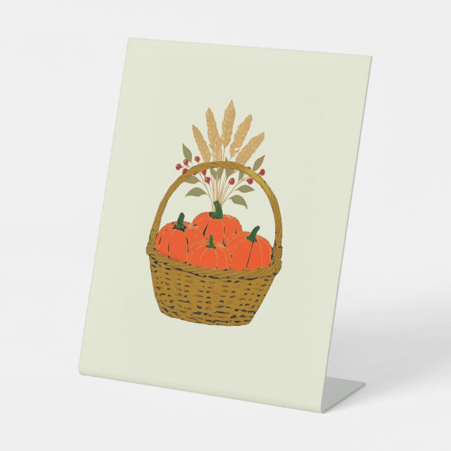 Expositor En L 🍂 **Pumpkin & Wheat Basket Pedestal Sign (Anverso)