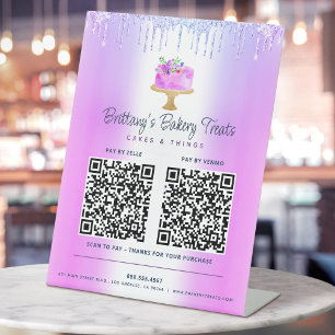 Expositor En L Púrpura 2 Código QR Paga Aquí Pastelería Bizcocho