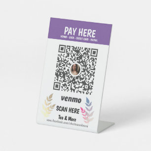 Expositor En L Púrpura Floral Añadir código QR Venmo Pay Here