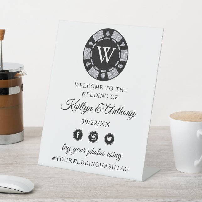 Expositor En L Purpurina Plata Monograma Poker Chip Casino Boda (In Situ)