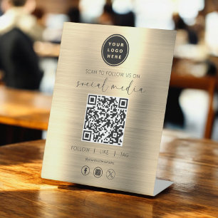 Expositor En L QR Code Gold Scan para seguirnos en las redes soci