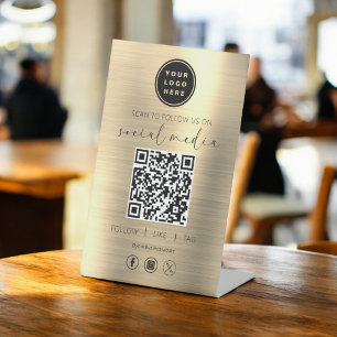 Expositor En L QR Code Gold Scan para seguirnos en las redes soci