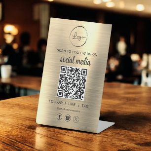 Expositor En L QR Code Gold Scan para seguirnos en las redes soci