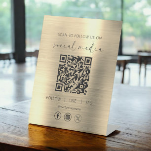 Expositor En L QR Code Gold Scan para seguirnos en las redes soci