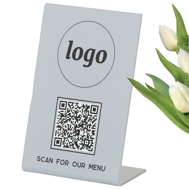 Expositor En L QR Code Logo Business Scan for Menu Light Blue (Logo with custom text and QR code light dusty powder blue business Scan for Menu pedastal sign)