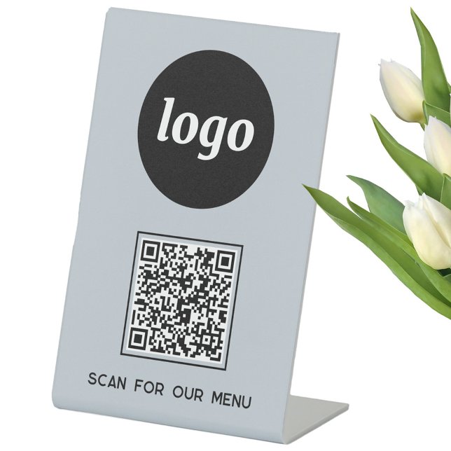 Expositor En L QR Code Logo Business Scan for Menu Light Blue (Logo with custom text and QR code light dusty powder blue business Scan for Menu pedastal sign)