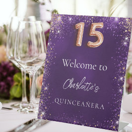 Expositor En L Quinceanera purpurina morado chispas bienvenida