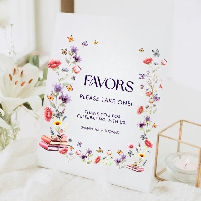 Expositor En L Recuerdo de boda de flores silvestres púrpuras (Purple wildflower bridal shower favor sign — elegant watercolor florals with storybook charm.)