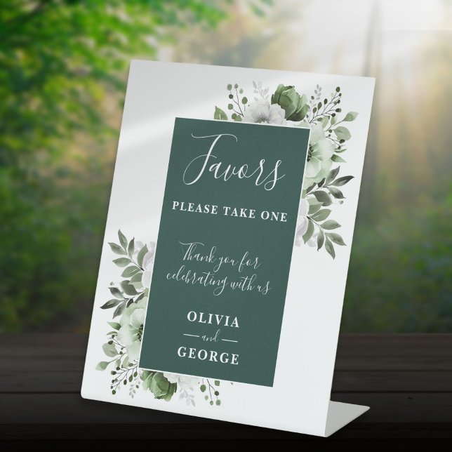 Expositor En L Recuerdos de boda florales elegantes verde esmeral (Emerald Green Elegant Floral Wedding Favors Pedestal Sign)