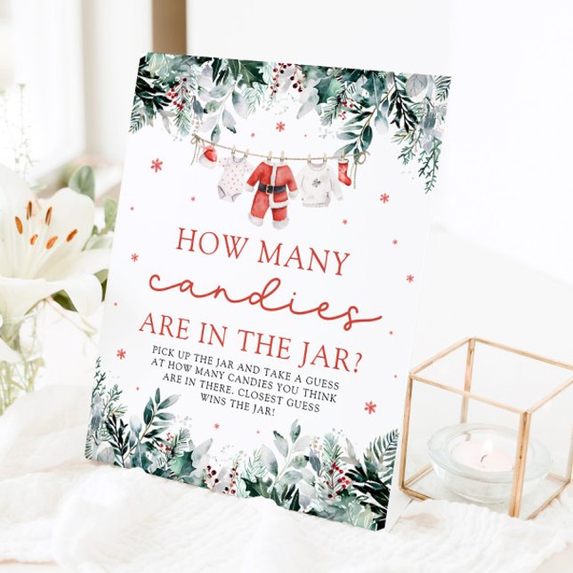 Expositor En L Red Santa Baby Adivinan Cuántos Canales Baby Showe (Watercolor Red Santa Baby Guess How Many Candies Baby Shower Pedestal Sign)