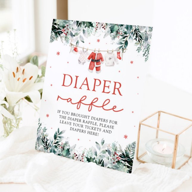 Expositor En L Red Santa Baby Navidades Baby Shower Diaper Raffle (Watercolor Red Santa Baby Christmas Baby Shower Diaper Raffle Pedestal Sign)