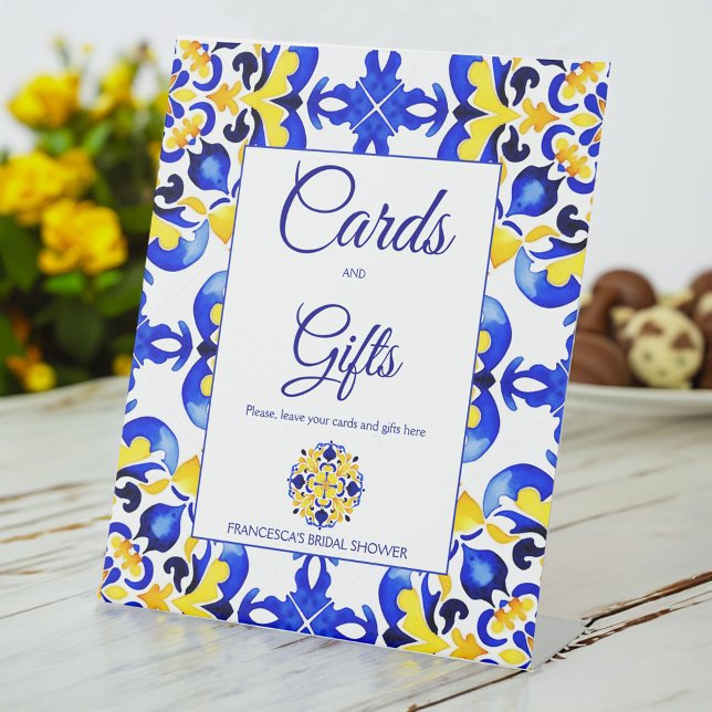 Expositor En L Regalos de azulejos azules de Talavera (Talavera azulejo maiolica blue tiles Mediterranean wedding bridal shower gifts table pedestal sign)