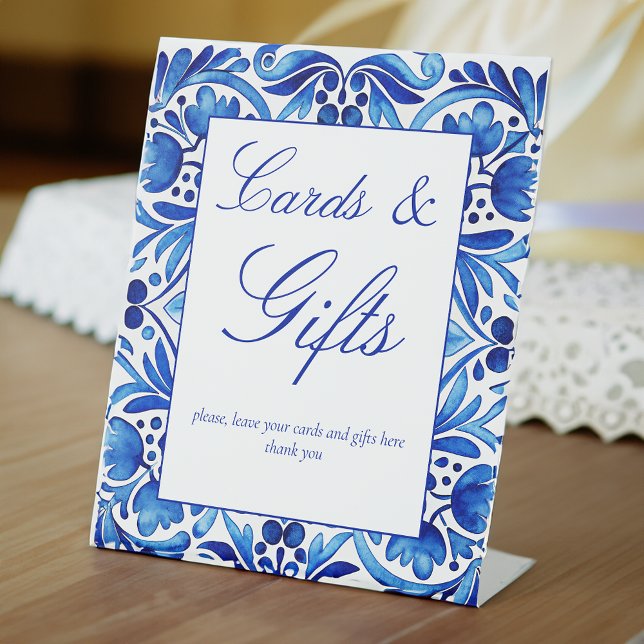 Expositor En L Regalos de boda azulejos azules Talavera antiguos (Vintage Talavera Azulejo blue tiles wedding gifts table Pedestal Sign personalized table decor)