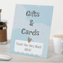 Expositor En L Regalos y tarjetas de Baby Shower azul claro y mod