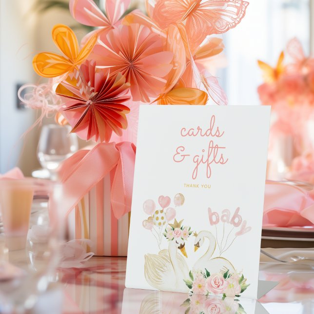 Expositor En L Regalos y tarjetas de Baby Shower rosados para cis (cards & gifts sign. Little princess watercolor swan Baby shower)