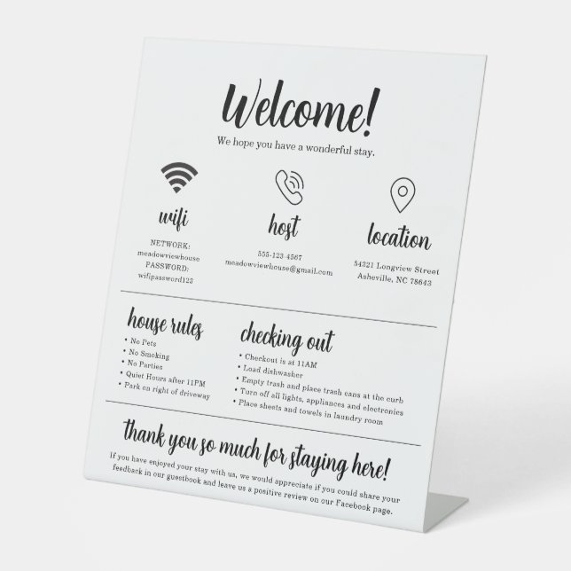 Expositor En L Rental Welcome Sign, Editable Airbnb Tabletop Sign (Anverso)