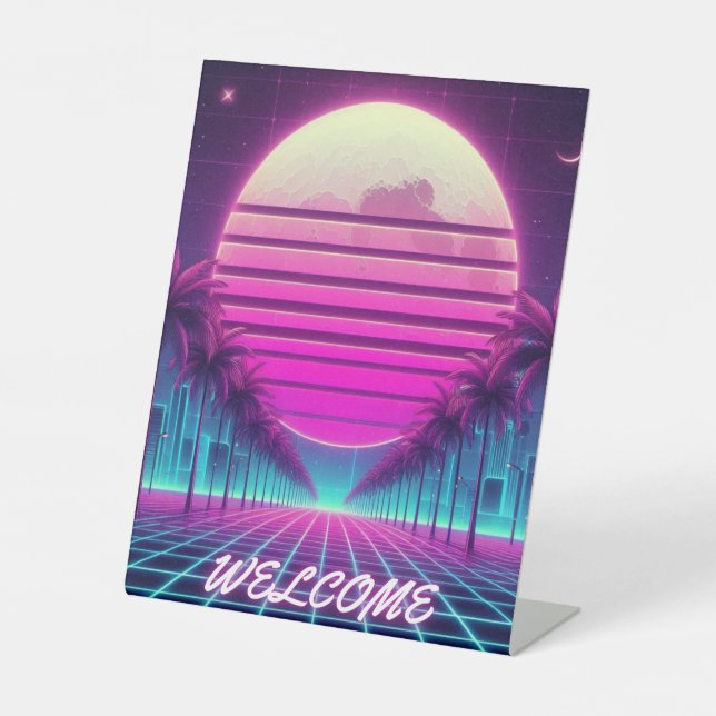 Expositor En L retro, luna de neón/palmas de los años 80 (Anverso)