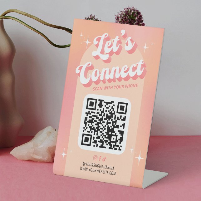Expositor En L Retro Peach Let's Connect Social Media QR Code (Social media QR code pedestal sign, featuring a trendy peach and pink design with retro style fonts)