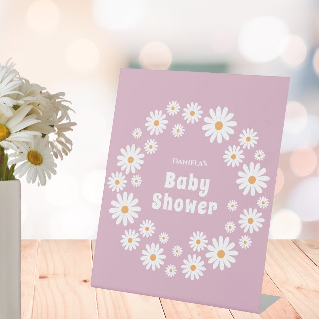 Expositor En L Retro Rosa Daisy Wreath Groovy Chica Baby Shower (daisy baby girl shower welcome sign pink daisy wreath daisies flower power)