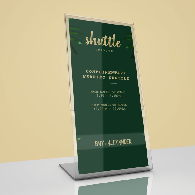 Expositor En L Rico Tema Verde Dorado Salva La Fecha (place these wedding shuttle card to help your guests with the timing and transportation)