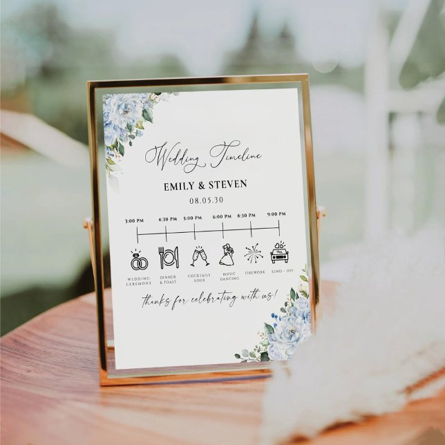 Expositor En L Romantic Light Blue Floral Wedding Timeline Sign (Subido por el creador)