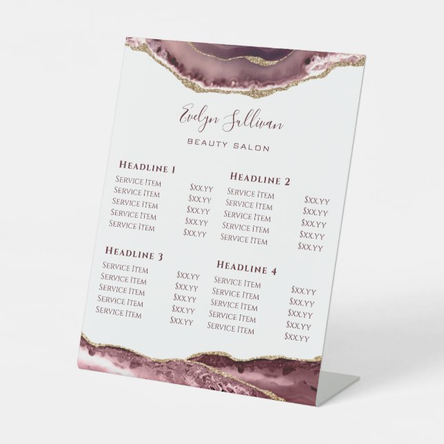 Expositor En L rosa polvoriento Agate Beauty Salon Price List (Anverso)