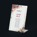 Expositor En L Rosas de oro de boho ruborizados y burdeos Número<br><div class="desc">El diseño floral rústico para el número de la mesa presenta rosas color de agua rosadas y flores borgoñas mezcladas con hojas de eucalipto verde y ramas tejidas en un marco de oro falso y fuente caligráfica moderna combinada. Contáctame para obtener elementos coincidentes o para personalización, Rosas de Rubor ©...</div>