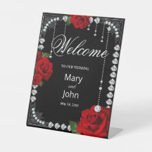 Rosas Rojas Y Diamantes Rótulo Pedestal Boda