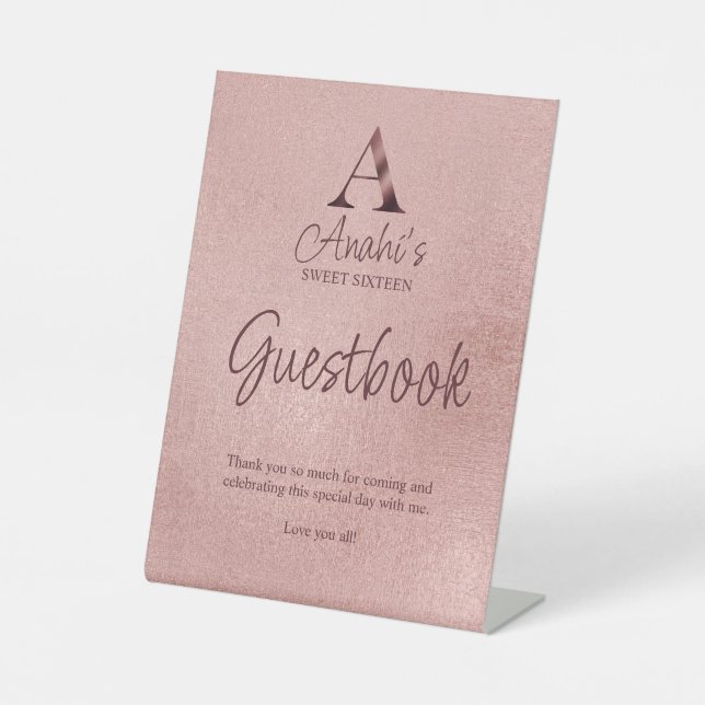 Expositor En L Rose Gold Monogram Sweet Sixteen Guestbook (Anverso)